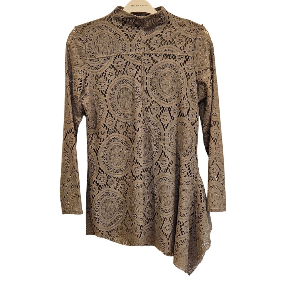 Soft Surroundings Medallion Lace Mock Neck Asymmetrical Top Taupe Brown Medium